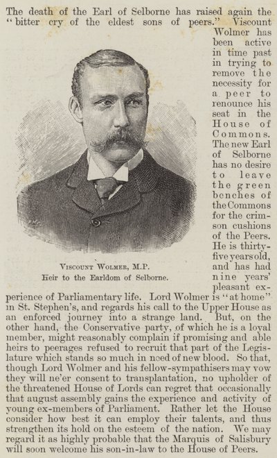 Visconte Wolmer, MP, erede del titolo di conte di Selborne da English School