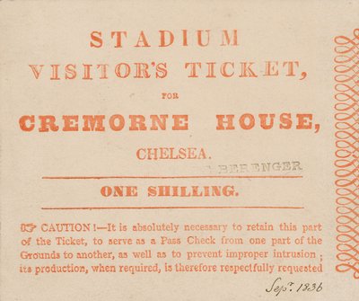 Biglietto per visitatori allo Stadio, Cremorne House, Londra, settembre 1836 da English School