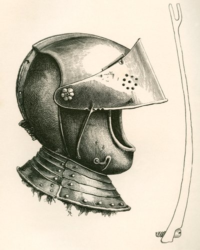 Elmo con visiera risalente al c.1643. Il pezzo laterale è il supporto della visiera, a grandezza naturale, usato per mantenere la visiera a diverse angolazioni secondo la tacca utilizzata, da The British Army: Its Origins, Progress and Equipment, pubblicat da English School