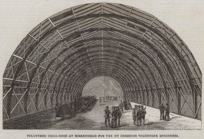 Capannone di addestramento volontario a Birkenhead per i 1st Cheshire Volunteer Engineers (incisione) da English School