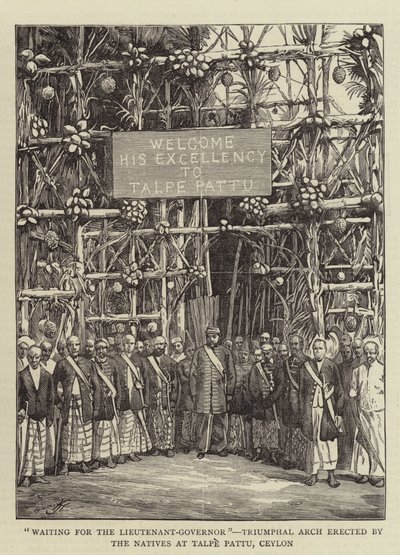 "In attesa del Luogotenente Governatore", arco trionfale eretto dai nativi a Talpe Pattu, Ceylon (incisione) da English School