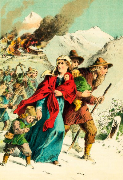 Valdesi in fuga dal villaggio in fiamme da English School