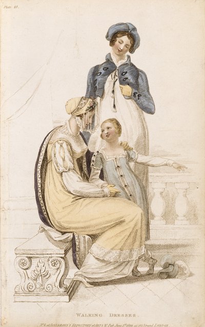 Abiti da passeggio, tavola di moda da Ackermanns Repository of Arts, pub. 1 giugno 1809 da English School
