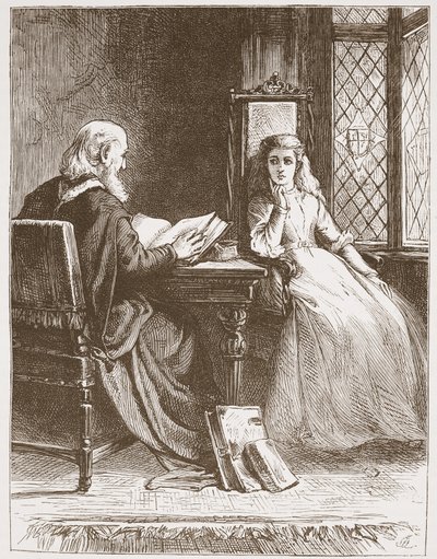 Walter Capel che legge le Scritture a sua figlia, illustrazione da La storia del protestantesimo di James Aitken Wylie, pub. 1878 da English School