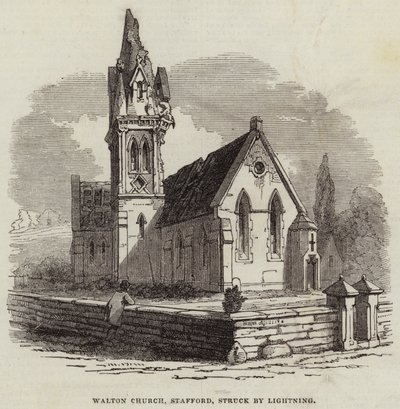 Chiesa di Walton, Stafford, colpita da un fulmine (incisione) da English School