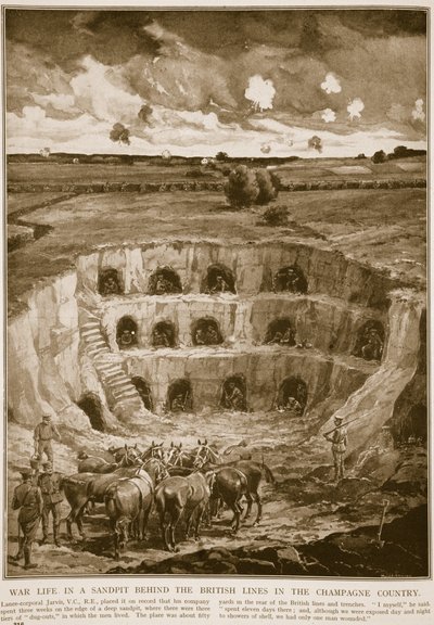 Vita di guerra in una cava di sabbia dietro le linee britanniche nella regione della Champagne, 1914-19 da English School