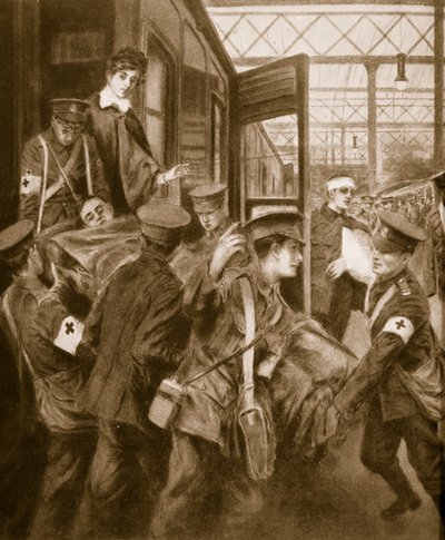 Feriti di guerra che arrivano a una stazione ferroviaria di Londra, 1914-19 da English School