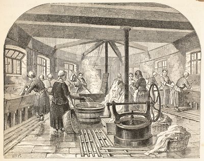 Lavanderia alla prigione di Brixton, illustrazione da The Criminal Prisons of London and Scenes from Prison Life di Henry Mayhew e John Binny, pub. 1862 da English School