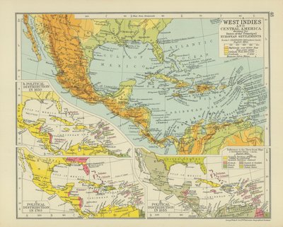 Indie Occidentali e America Centrale con le date dei principali insediamenti europei (litografia a colori) da English School