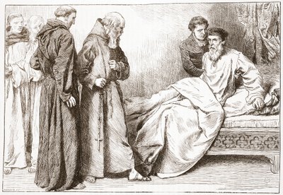 Wicliffe e i monaci: scena nella camera da letto, illustrazione da La storia del protestantesimo di James Aitken Wylie (1808-1890), pub. 1878 da English School
