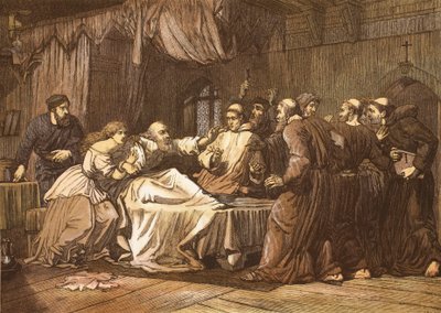 Wicliffe sul letto di morte assalito dai frati, inciso da T. Bolton da English School