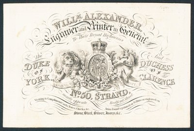 William Alexander, incisore e stampatore generale per le loro altezze reali, biglietto da visita da English School