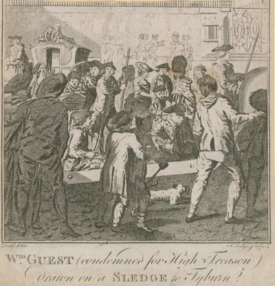 William Guest, condannato per alto tradimento, trascinato su una slitta a Tyburn da English School