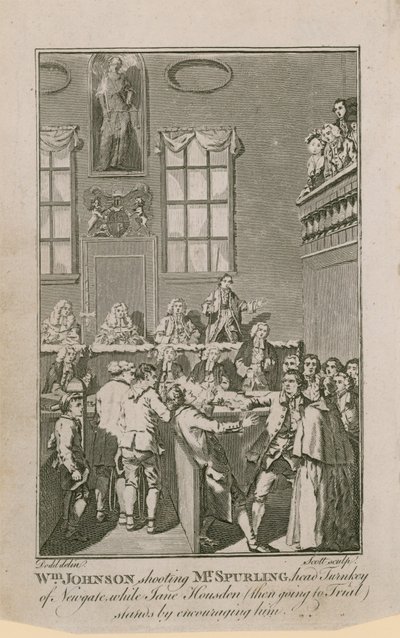 William Johnson che spara a Mr Spurling, capo carceriere di Newgate, mentre Jane Housden (allora in procinto di essere processata) lo incoraggia da English School