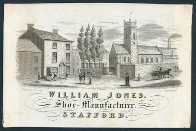 William Jones, produttore di scarpe, biglietto commerciale da English School