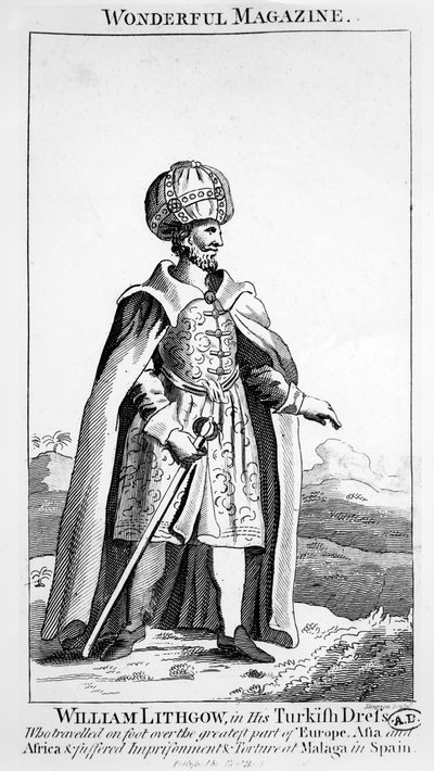 William Lithgow nel suo abito turco, illustrazione da Wonderful Magazine, c.1750-90 da English School