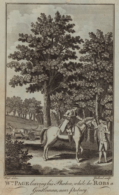 William Page lascia il suo Phaeton mentre deruba un gentiluomo vicino a Putney da English School