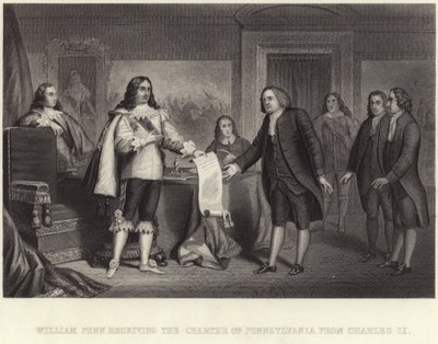 William Penn riceve la Carta della Pennsylvania da Carlo II da English School
