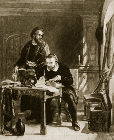 William Tyndale traduce il Nuovo Testamento, illustrazione da Hutchinsons Story of the British Nation da English School