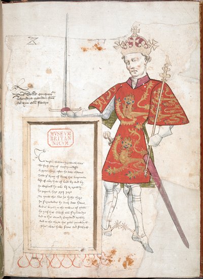 Guglielmo il Conquistatore, un re inglese in armatura e tabarro, che presenta una targa con versi da English School