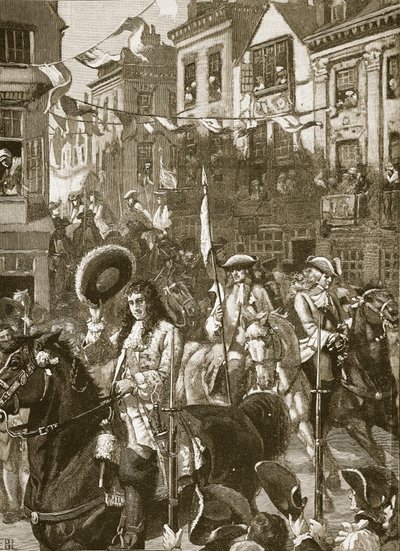 Processione trionfale di Guglielmo a Whitehall, illustrazione da Cassells Illustrated History of England da English School