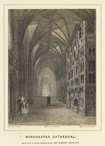 Cattedrale di Winchester, navata sud del coro che mostra il Monumento del Vescovo Fox, guardando a ovest da English School