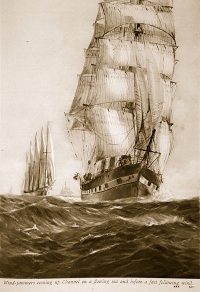 Velieri che risalgono il Canale su un mare mosso e con vento favorevole, 1914-19 da English School