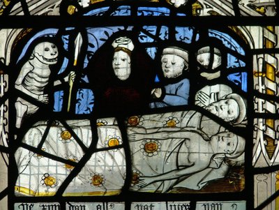 Finestra N3 raffigurante gli Ultimi Quindici Giorni del Mondo (la finestra del Pryke of Conscience): La morte visita tutti da English School