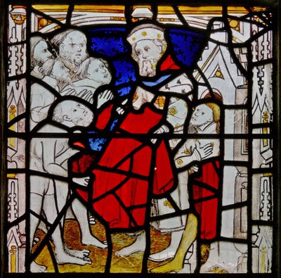 Finestra N4 che raffigura le opere di misericordia: vestire gli ignudi da English School