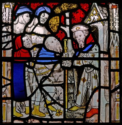 Finestra N4 che raffigura le opere di misericordia: dare rifugio ai senzatetto da English School