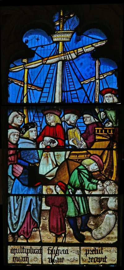 Finestra SaEw che raffigura una scena di una leggenda di San Nicola: le navi di grano scaricano a Myra da English School