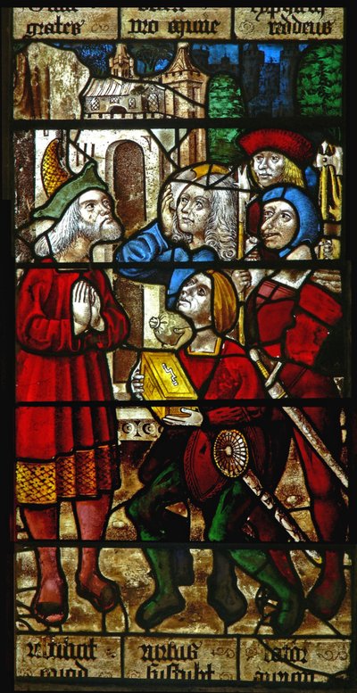 Finestra SaEw che raffigura una scena di una leggenda di San Nicola: i ladri restituiscono il tesoro rubato al ricco da English School