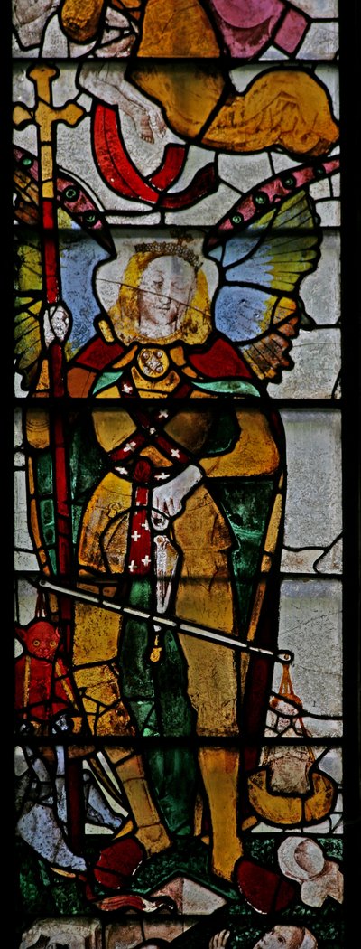 Finestra Ww raffigurante una scena del Giudizio Universale: San Michele e altri dettagli da English School