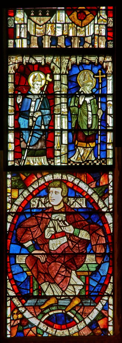 Vetrata raffigurante una figura genealogica e due santi da English School