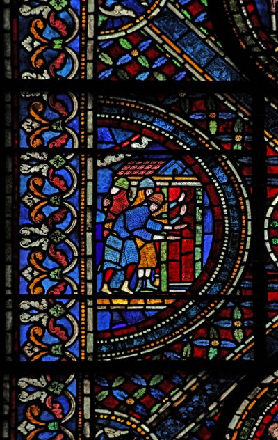 Scena dalla vita di San Tommaso Becket: cavalieri alla porta di Canterbury da English School