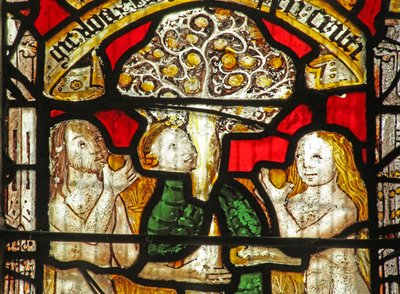Vetrata s1 raffigurante la storia di Adamo ed Eva: il Serpente inganna da English School