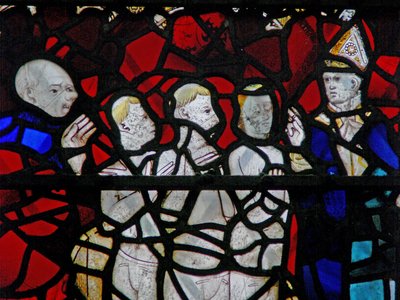 Finestra w6 raffigurante una scena di una leggenda di San Nicola: il miracolo dei 3 ragazzi: i tre ragazzi nella vasca da English School