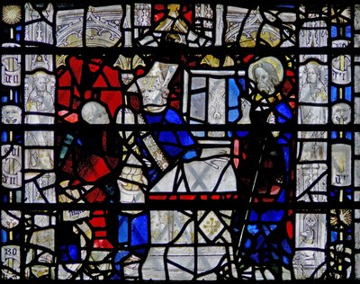 Finestra w6 raffigurante una scena della vita di San Nicola; bordo con figure da English School