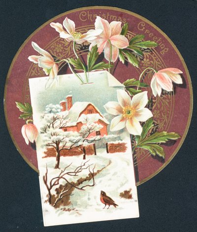 Scena invernale con cottage e pettirosso, Cartolina di Natale da English School