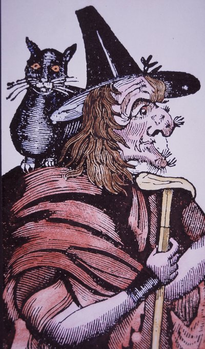 Strega con il suo gatto familiare da English School