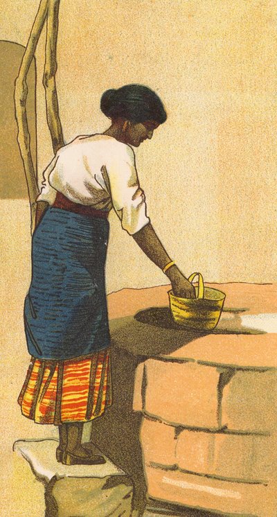 Donna che attinge acqua da un pozzo in Sri Lanka (litografia a colori) da English School