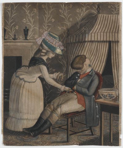Donna che ruba una borsa di calze e un orologio da tasca da un uomo addormentato, c.1790 da English School