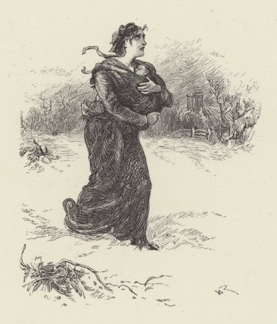 Donna con bambino nella neve (incisione) da English School