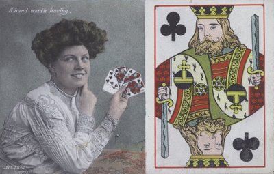 Donna con carte da gioco e il Re di Fiori (litografia a colori) da English School