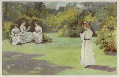 Donne che si rilassano in un angolo tranquillo di Bournville, Birmingham (cromolitografia) da English School