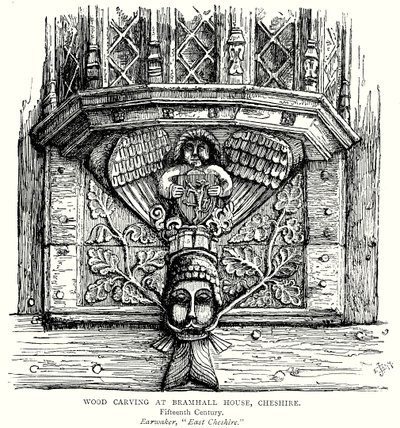 Scultura in legno a Bramhall House, Cheshire (incisione) da English School
