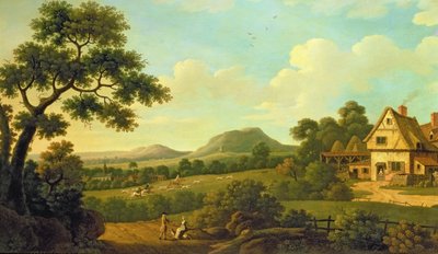 Paesaggio boscoso con figure lungo una strada da English School