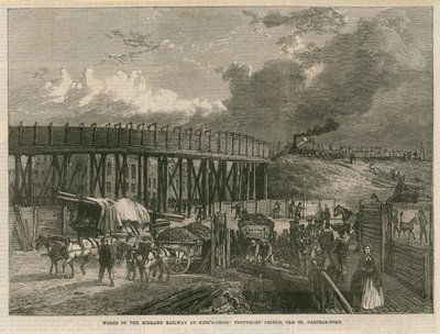 Lavori sulla Midland Railway a Kings Cross, Londra; ponte temporaneo, Old St Pancras Road da English School