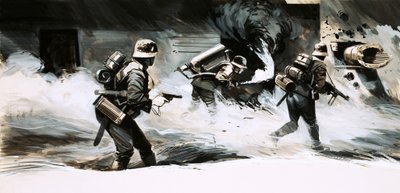 Soldati della Seconda Guerra Mondiale attaccano un bunker con un lanciafiamme da English School