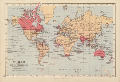 Mondo che mostra i possedimenti e le dipendenze britanniche da English School